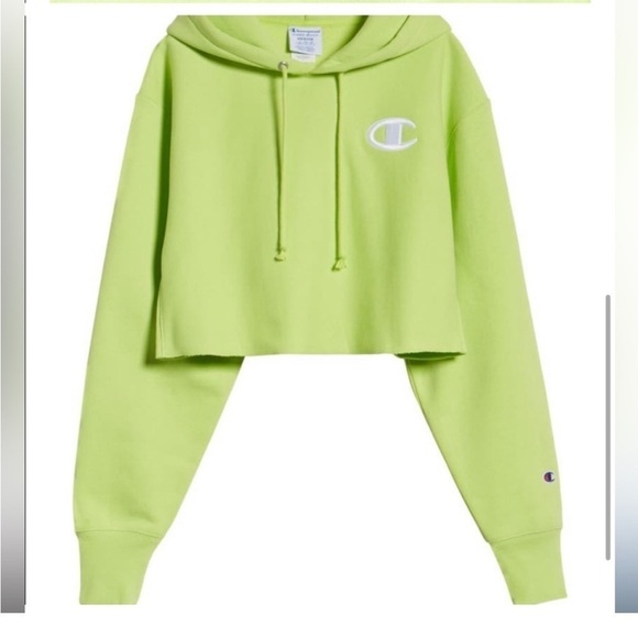 Champion Lime Neon Green Reverse Weave Cropped fleece Hoodie Heavyweight Small - Picture 5 of 16
